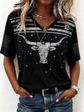 Women's Western Cowboy America Flag Print Casual V-Neck T-shirt