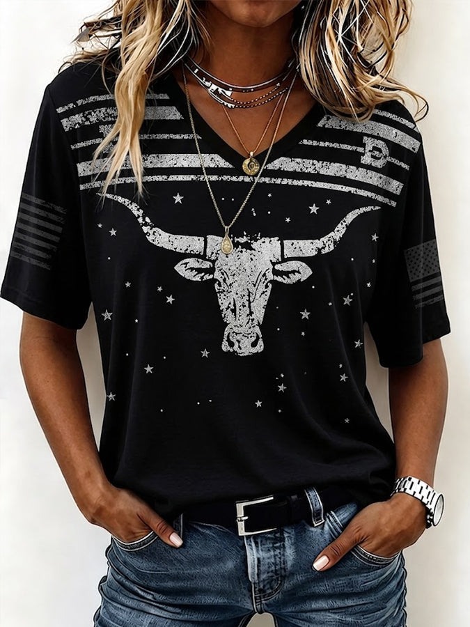 Women's Western Cowboy America Flag Print Casual V-Neck T-shirt