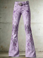 Ladies' Casual Trumpet Pants With Floral Wings And Cross Pattern