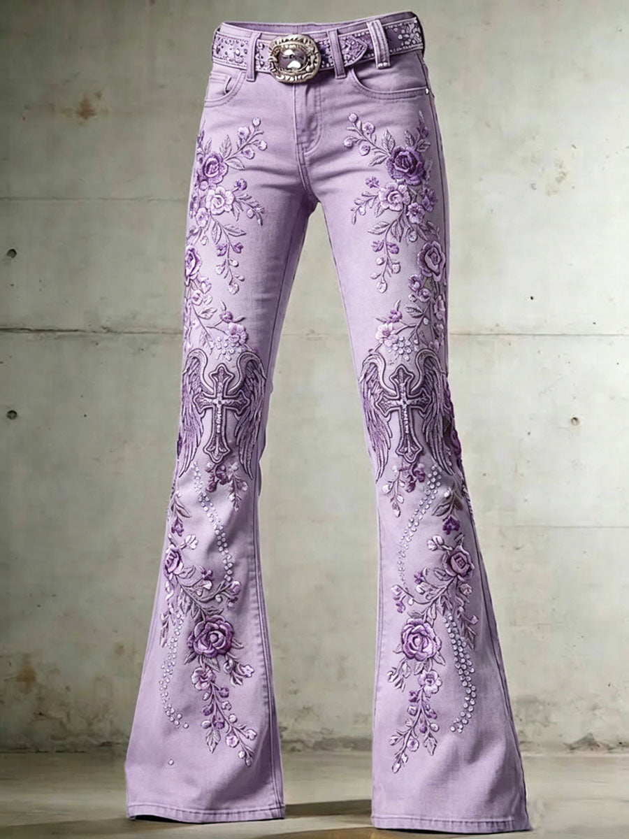 Ladies' Casual Trumpet Pants With Floral Wings And Cross Pattern