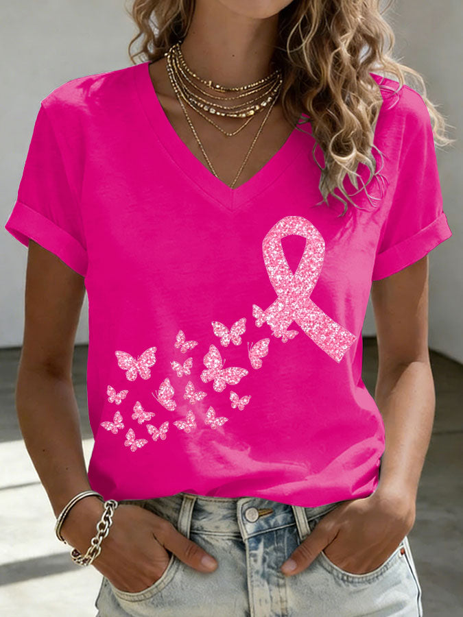 Women'S Pink Ribbon Print Printed T-Shirt