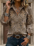 Vintage Floral Art Print Lapel Puff Sleeve Ruffle Shirt