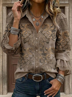 Vintage Floral Art Print Lapel Puff Sleeve Ruffle Shirt