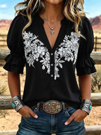 Women's Vintage Art Print Puff Sleeve Casual Shirt