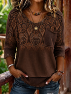 Women's Western Paisley Patchwork Waffle Knit Pocket V Neck Casual Top