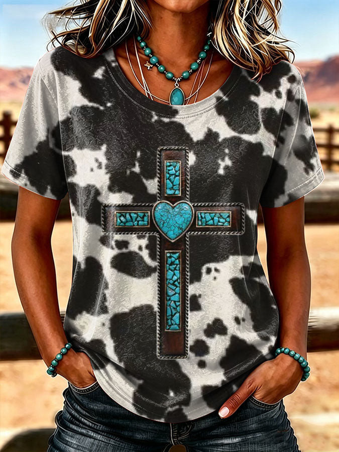 Women's Western Cross Print Casual T-Shirt