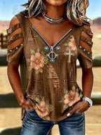 Women's Retro Floral Western Style Faith Cross Pattern Top
