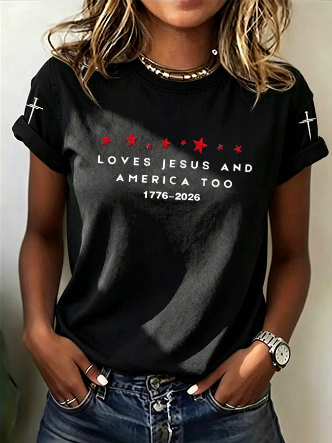 Women'S Loves Jesus And America Too1776-2026 American Flag T-Shirt