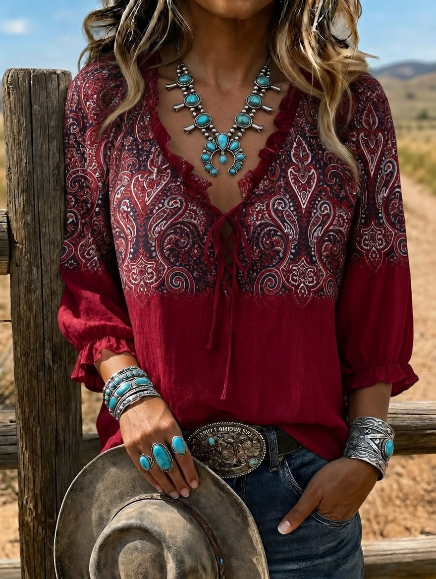Women's Boho Paisley Ombre Lace Up 3/4 Puff Sleeve Western Blouse