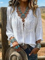 Women's Vintage Floral Print Casual Ruffle Tie-Up Shirt