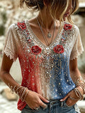 Women's Retro Religious Beliefs Printed V-neck Cotton Hemp Top