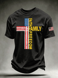Men's Faith Family Freedom Distressed American Flag Cross Crew Neck Casual Short Sleeve Patriotic T-Shirt