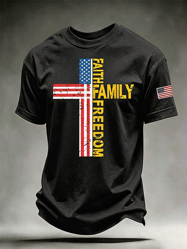Men's Faith Family Freedom Distressed American Flag Cross Crew Neck Casual Short Sleeve Patriotic T-Shirt