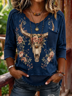 Women's Boho Bull Skull Floral Print Woven Patchwork 3/4 Sleeve Top