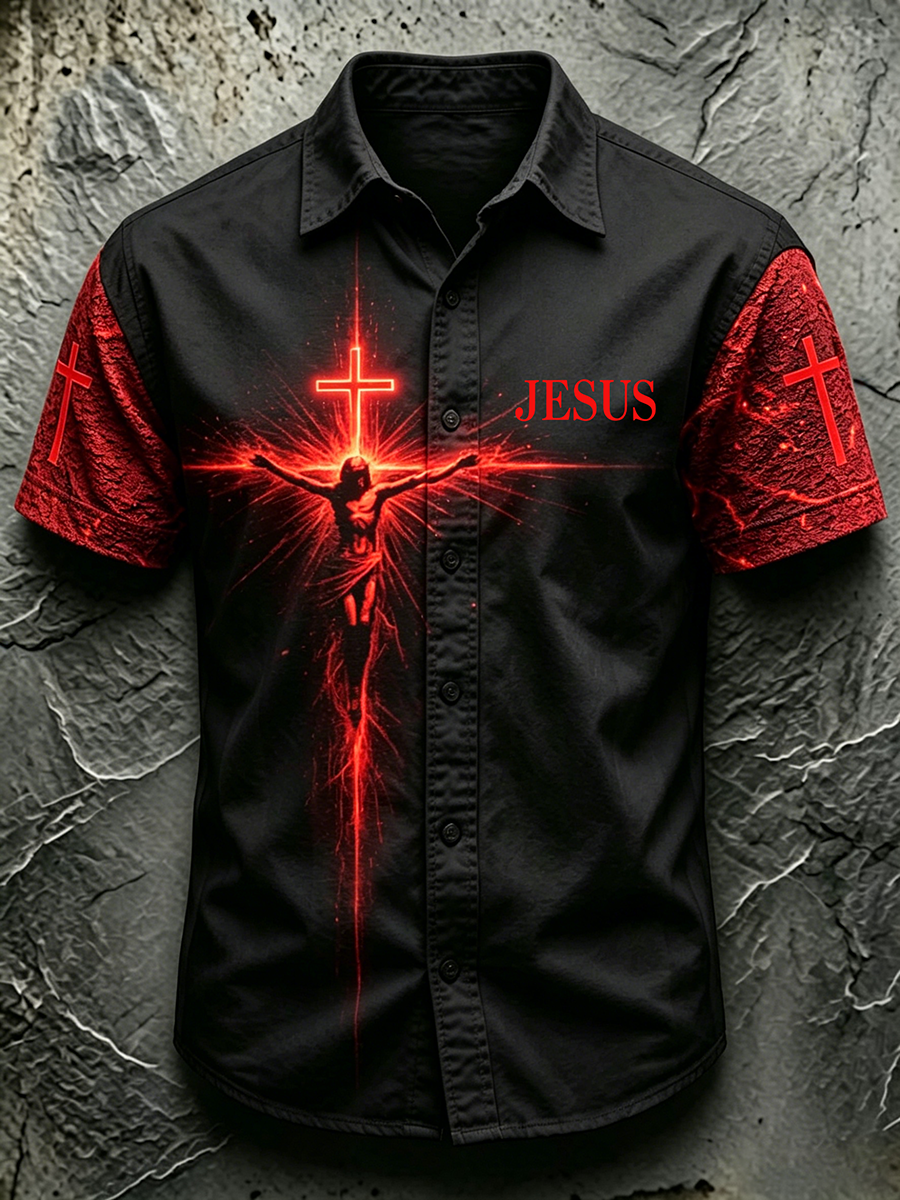 Religious Belief Cross Embroidery Printed Lapel Shirt