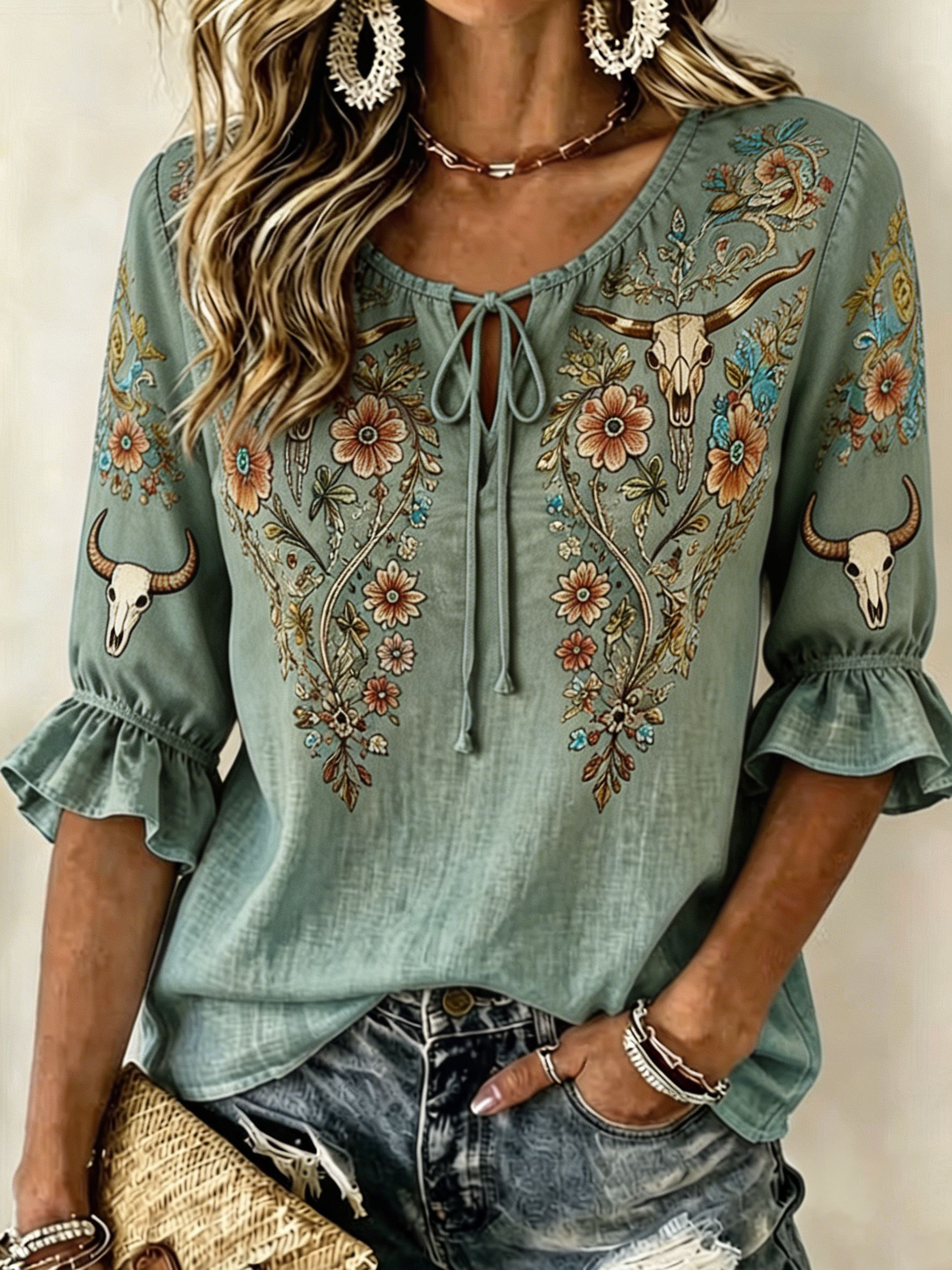 Women's Cow Skull Floral Embroidery Tie Neck Ruffle Western Blouse