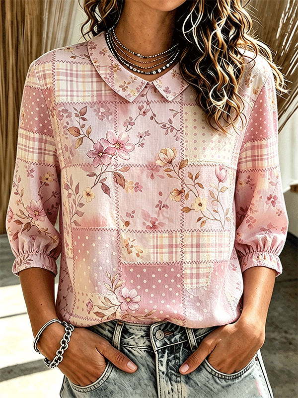 Women'S Floral Plaid Patchwork Peter Pan Collar Puff 3/4 Sleeve Shirt