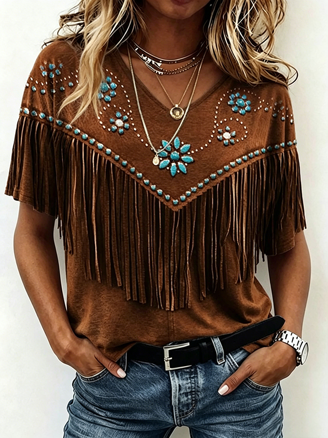 Women's Western-style Fringe Print T-shirt