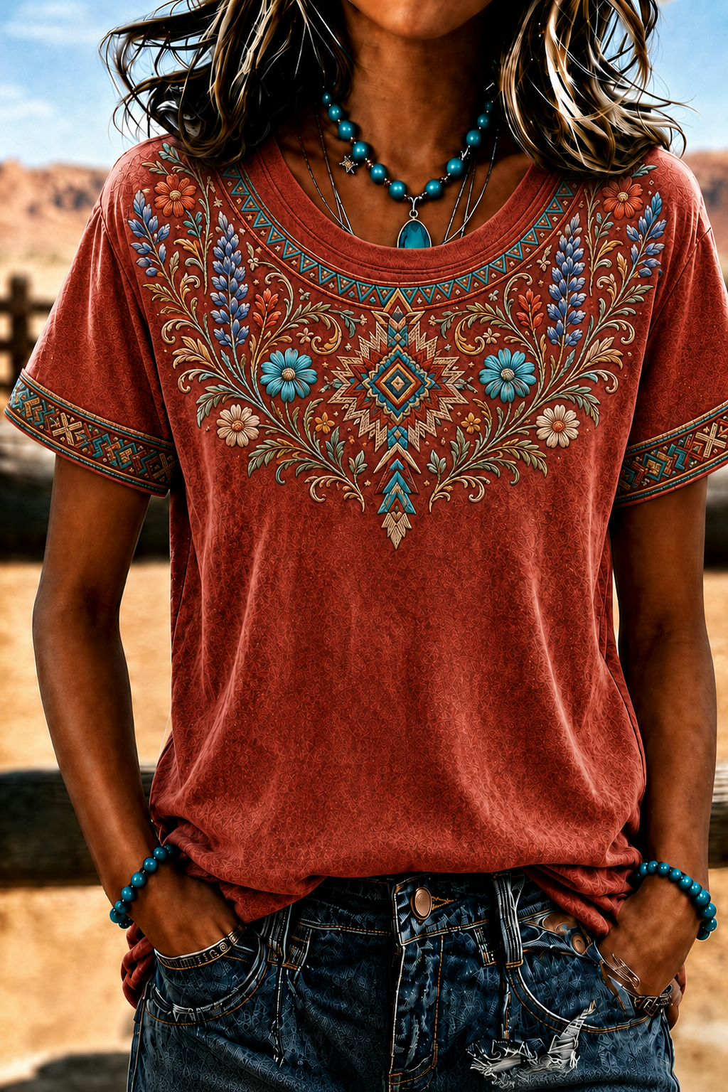 Women'S Retro Ethnic Art Printed Round Neck T-Shirt