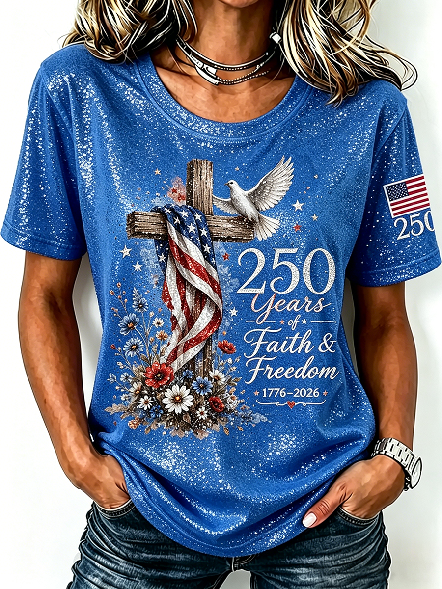 American Flag Cross Jesus Sequin Print Round Neck Top