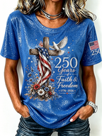 American Flag Cross Jesus Sequin Print Round Neck Top