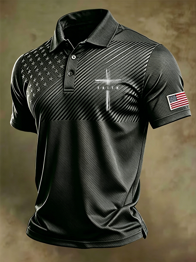 Men'S National Flag And Cross Print Casual Polo Shirt