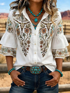 Women's Western Bull Skull Embroidered Ruffle Sleeve Shirt