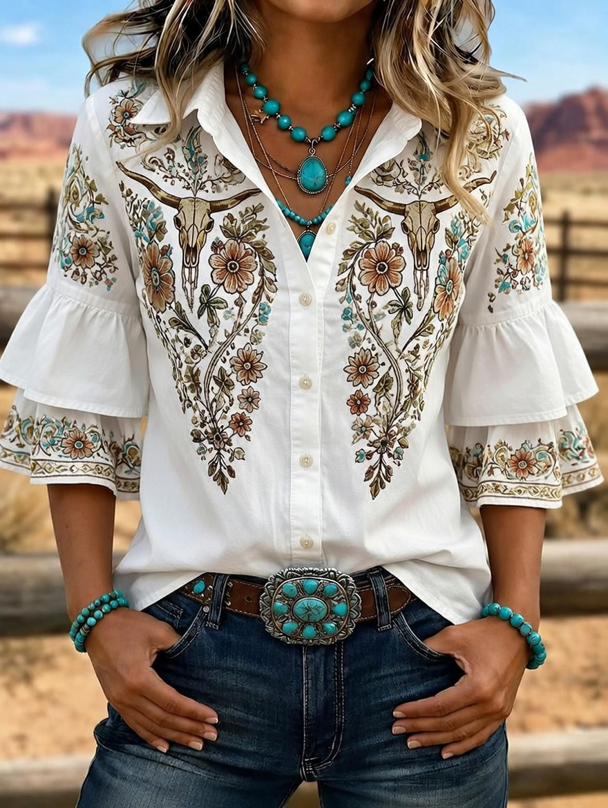 Women's Western Bull Skull Embroidered Ruffle Sleeve Shirt