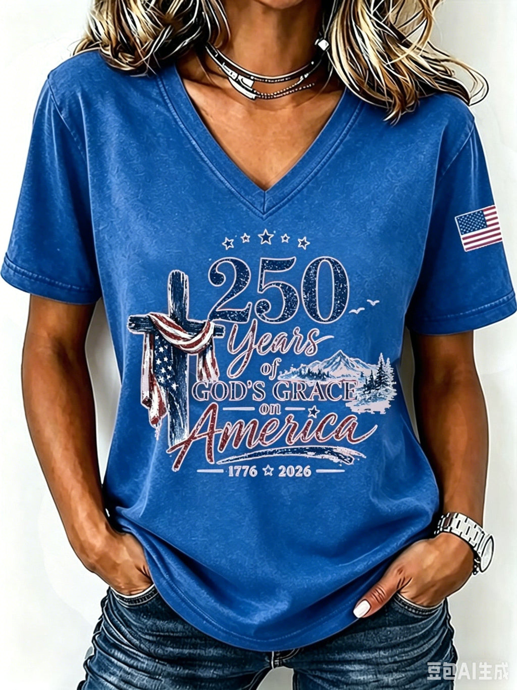 Women'S American Flag Cross Printed Casual V-Neck T-Shirt