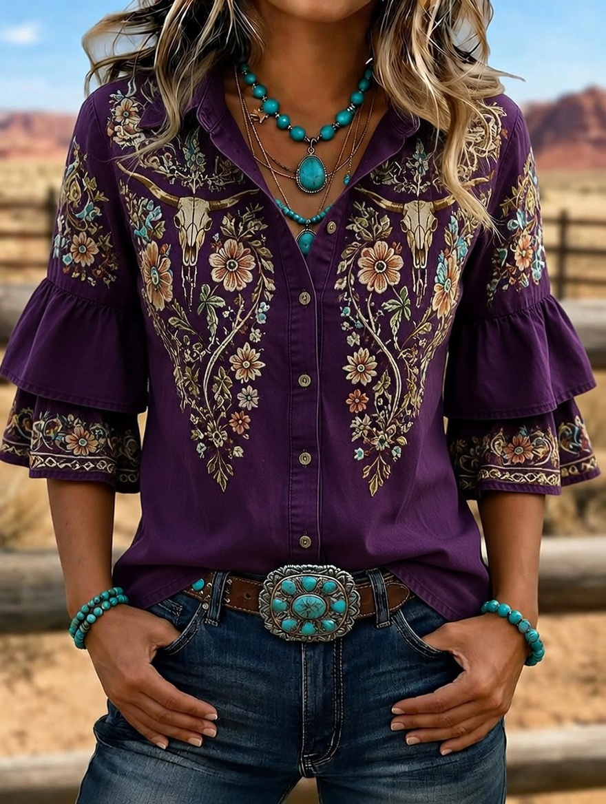 Women's Western Bull Skull Embroidered Ruffle Sleeve Shirt