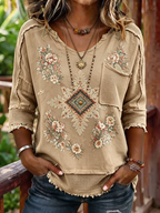 Women's Boho Aztec Floral Print Woven Patchwork 3/4 Sleeve Top