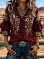 Women's Western Bull Skull Embroidered Ruffle Sleeve Shirt
