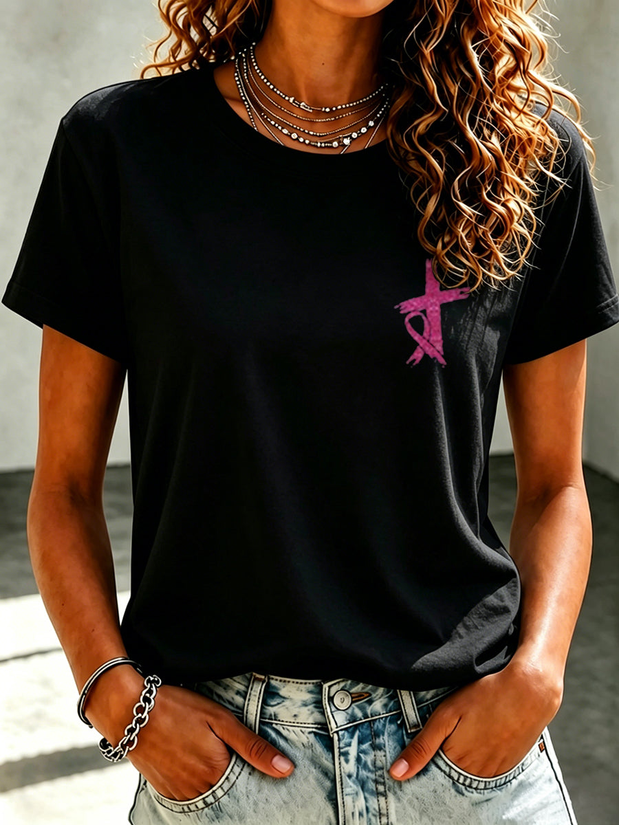 Pink Series Disease Health Awareness Public Welfare Printed Round Neck T-Shirt