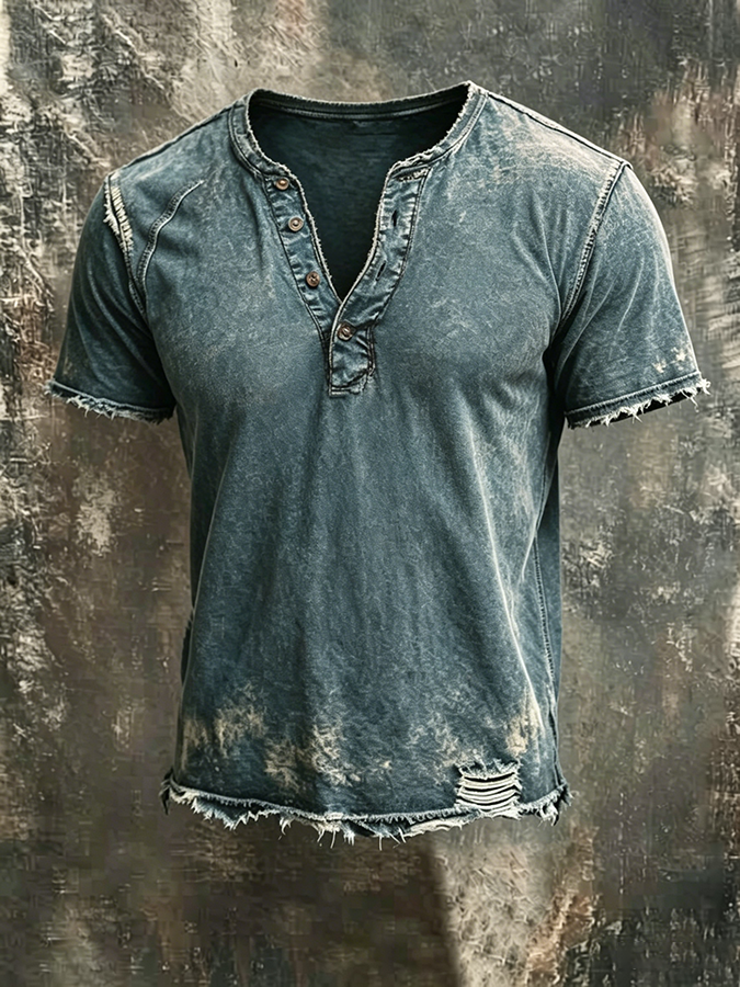 Men'S Casual Washed Cotton And Linen Short Sleeved Shirt