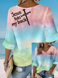 Women's casual gradient cross print V-neck T-shirt
