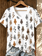 Women'S Cat Printed V-Neck T-Shirt