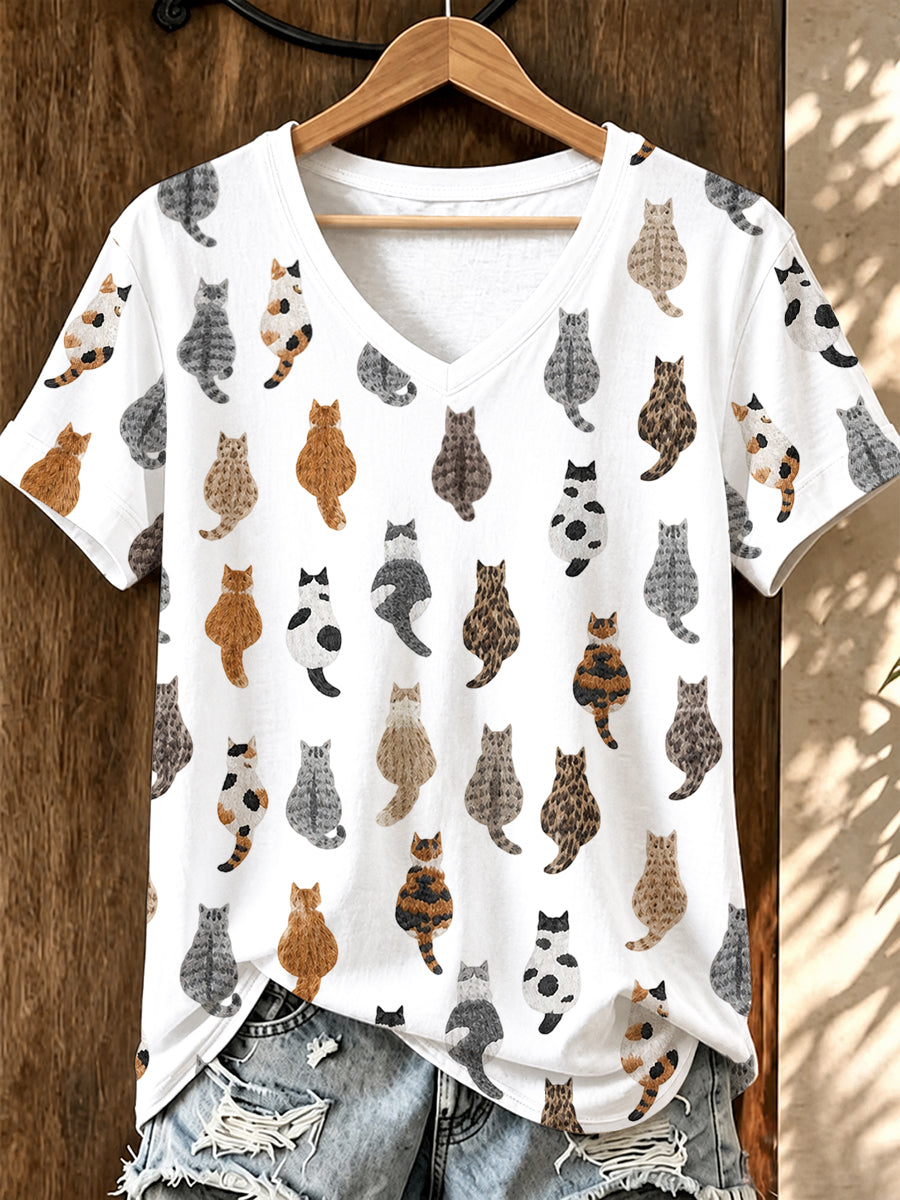 Women'S Cat Printed V-Neck T-Shirt