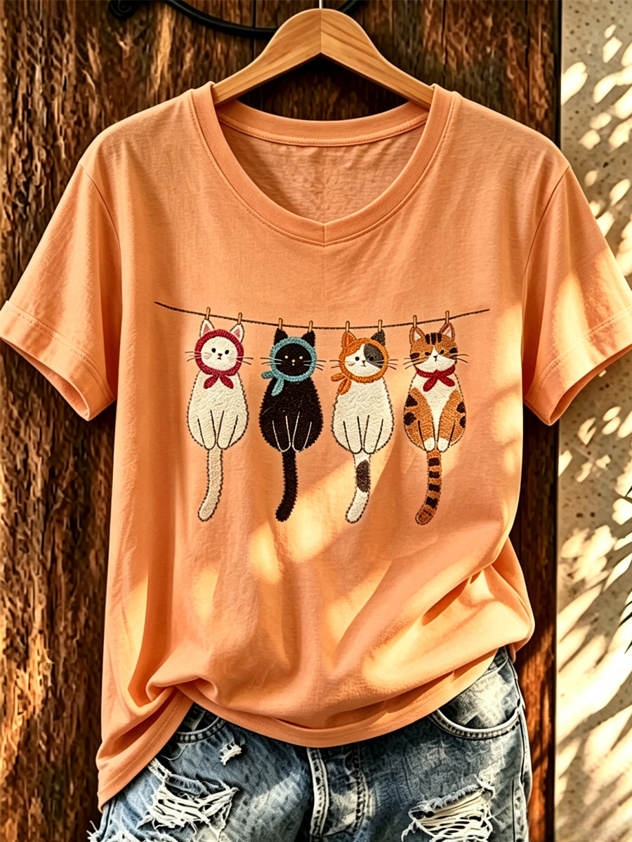 Women'S Fun Cat Printed Casual Round Neck T-Shirt