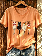 Women'S Fun Cat Printed Casual Round Neck T-Shirt