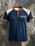 Men'S Casual ALogo design print  Cotton Button Henry Short Sleeved T-Shirt