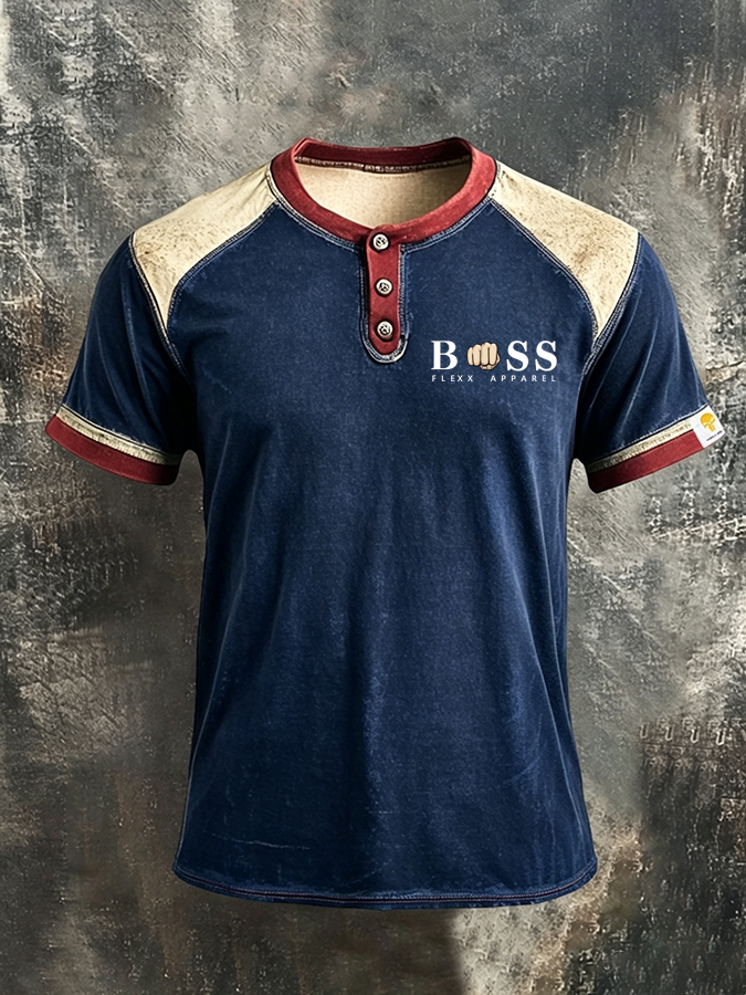 Men'S Casual ALogo design print  Cotton Button Henry Short Sleeved T-Shirt