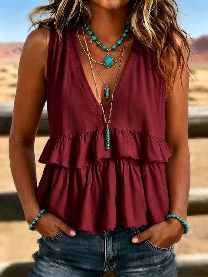Women's Vintage V-Neck Ruched Patchwork Casual Shirt