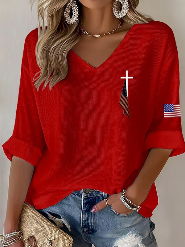 Women'S 250Th Anniversary Flag Cross Commemorative Print V-Neck