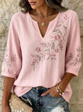 Women's Breast Cancer Awareness Floral Pearl Embroidered Printed Top