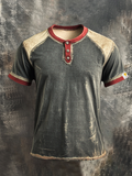 Men'S Casual Washed Cotton And Linen Henry Short Sleeved Shirt