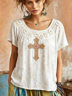Women's Vintage Cotton-Linen Top with Wing and Cross Motif