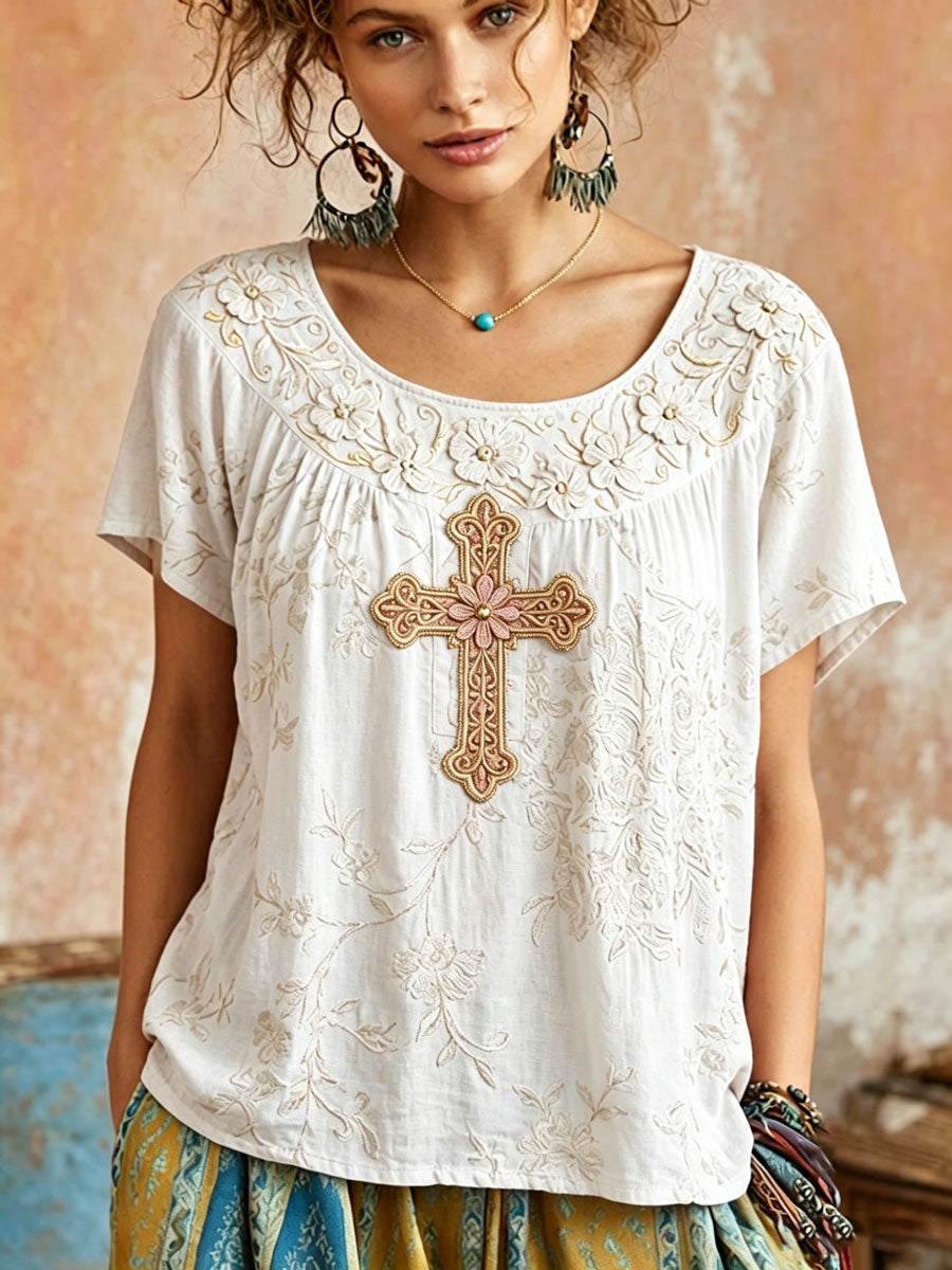 Women's Vintage Cotton-Linen Top with Wing and Cross Motif