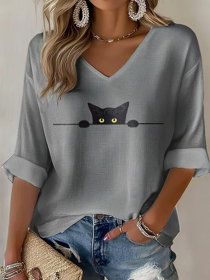 Women'S Cat Printed Waffle T-Shirt