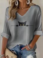 Women'S Cat Printed Waffle T-Shirt