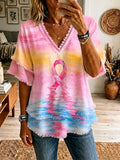 Women'S Breast Cancer Awareness Promotion Pink Cotton Linen Printed Casual Tassel Shirt
